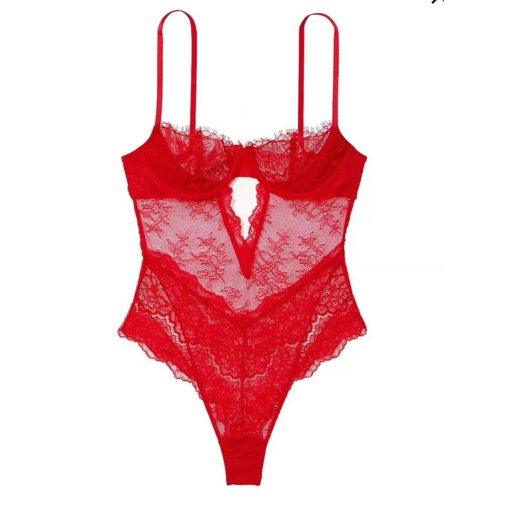 VICTORIA'S SECRET RED Lace SEXY WICKED  BALCONETTE TEDDY SZ L Dream Angels
